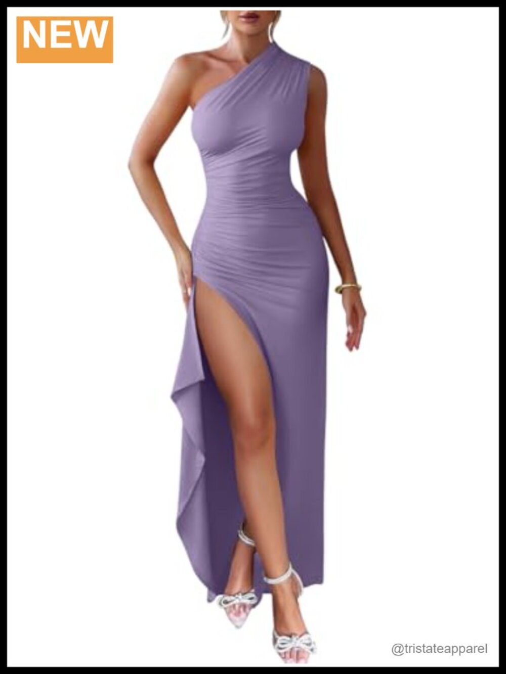 One Shoulder High Split Ruched Evening Maxi Dress Sleeveless Formal